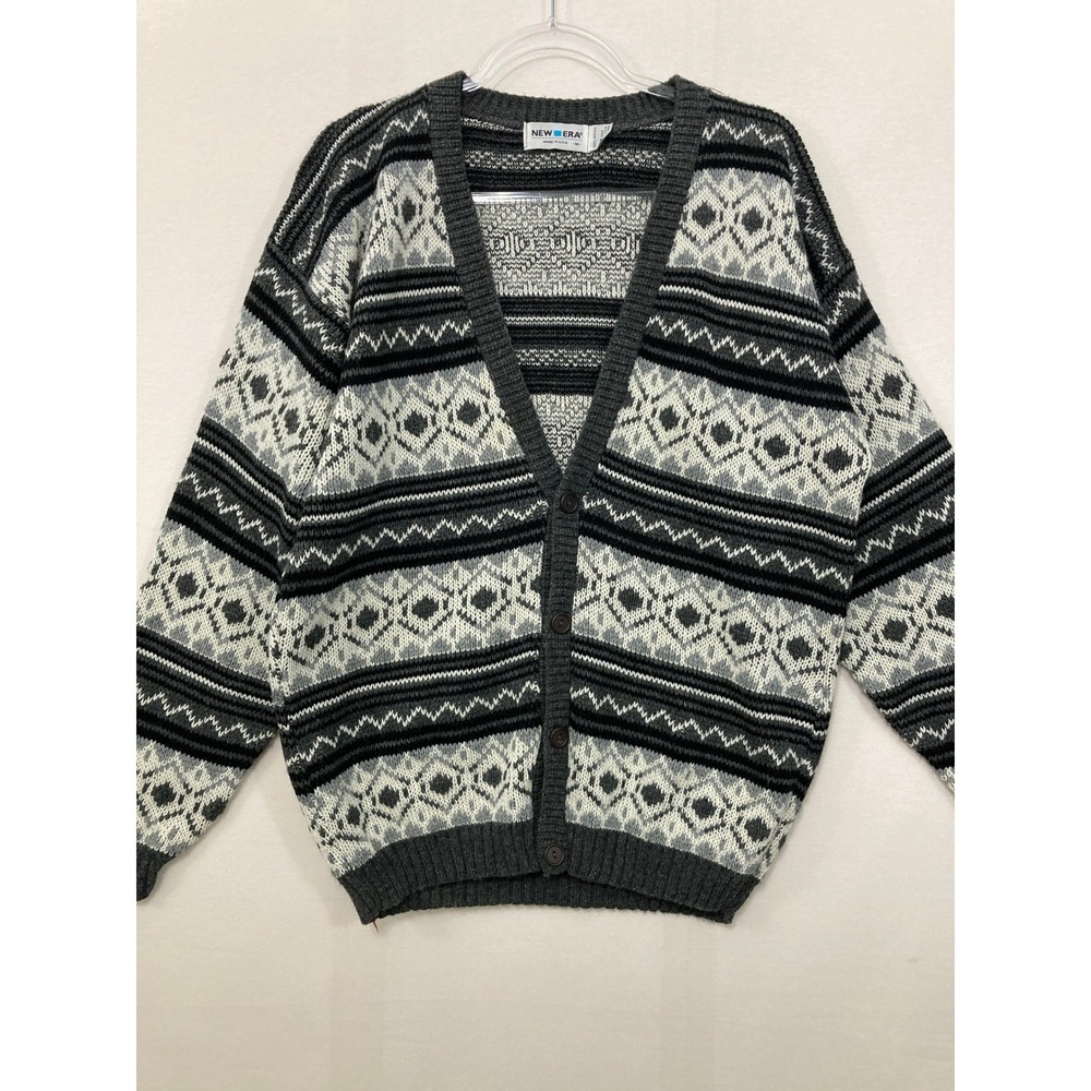 Vintage 90s New Era Geometric Cardigan Sweater Medium ens M Knit Grandpa Grunge
